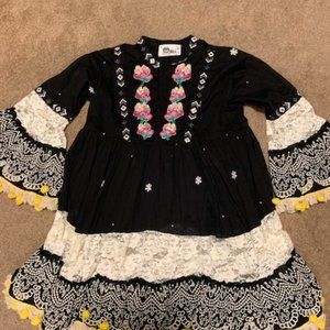 Frill Cotton Dress with Pompom and Threadwork